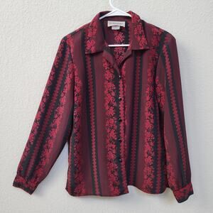 Vintage Blouse 90s Donnkenny Women Medium Shirt Black Red Floral Stripe Vintage